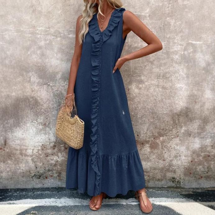 VEZFAA Women's Fashion Summer Spring Solid Color Print Sleeveless V-Neck Loose Waistline Casual Dresses