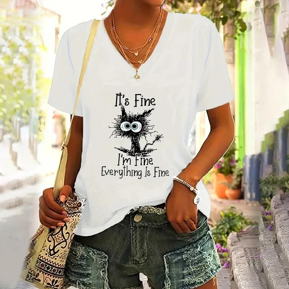 

Летняя женская модная футболка с рисунком черного кота, топы с V-образным вырезом, футболки, женская повседневная одежда с коротким рукавом, стильная уличная одежда для женщин 3XL