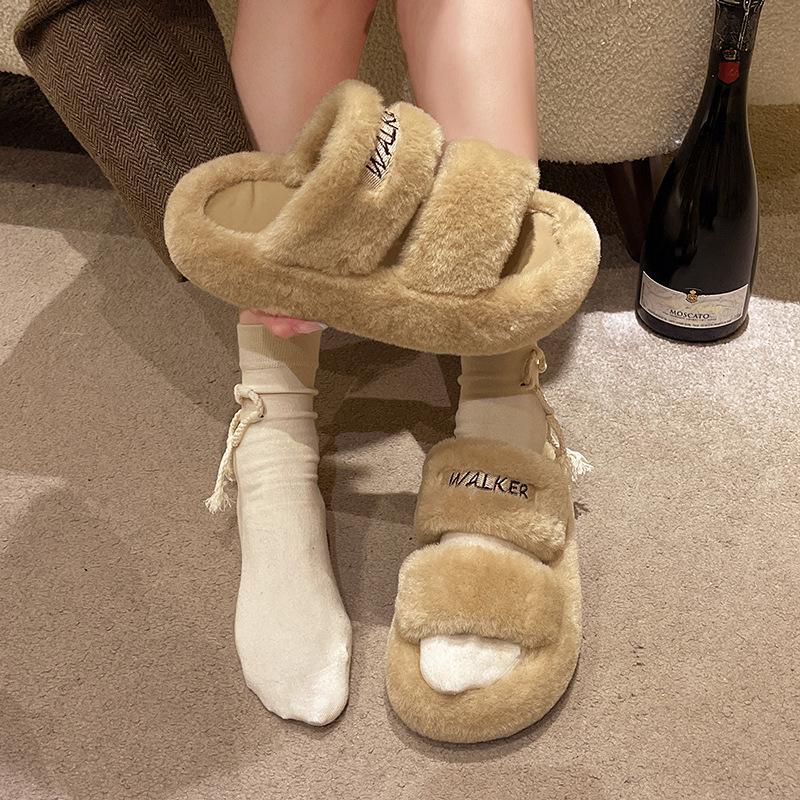 2024 English Autumn and Winter New Internet Celebrity Ins Fashion Versatile Fluffy Slippers Women Wear One Word Slippers Thick Bottom