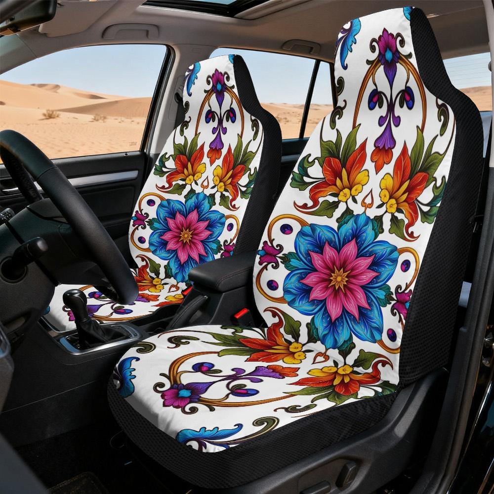 2D Flat Printing, 2pcs Car Seat Covers Front Seat, Decorative Car Seat Covers, Floral Colorful Symmetry Print, Easy Installation