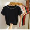 Women's Summer Short Sleeve Knitted T-shirt New Fashion O Neck Beaded Knit Elegant Short Top Female Casual Simple Solid Color Ladies Tshirt 3112