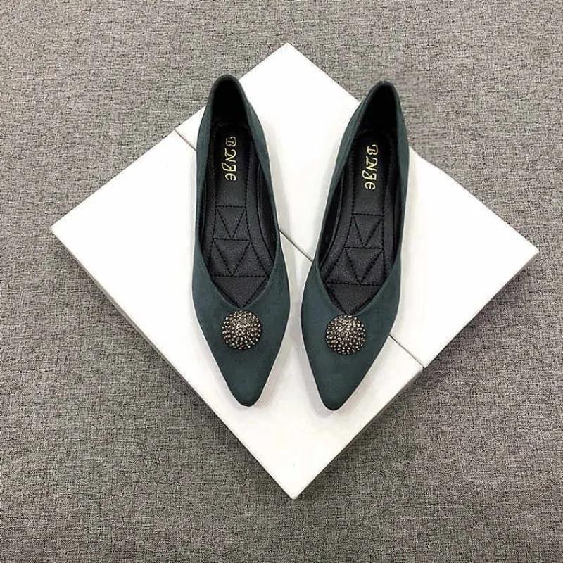 Green Pointed Toe Low Heel Elegant Shoes For Woman 2025 Black Moccasins Women's Summer Footwear Luxury Leather Casual Chic Point