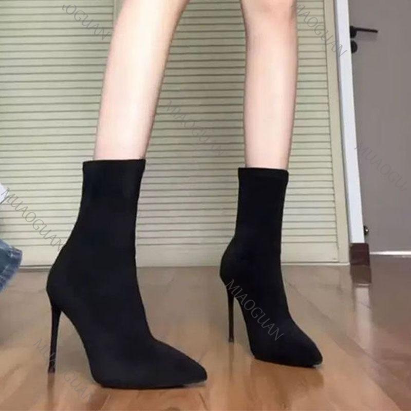Fashion Comemore New Women Sexy Sock Boots 2025 Autumn Thin High Heels Pointed Toe Solid Black Suede Fashion Ankle Boots Women's Shoes