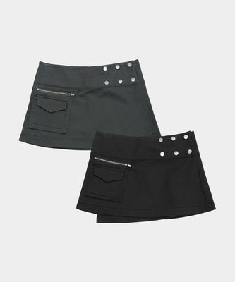 Place Studio Studded Double Pocket Zipper Point Slit Layered Mini Skirt _2 Colors