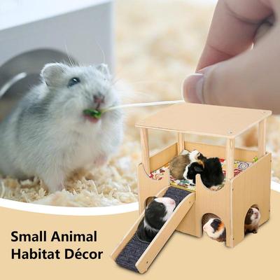 Hamster House Decor Wooden Hamster House Toys Double-Layer Small Animal Toys Habitat Decor With Ladder For Rabbits Ferrets
