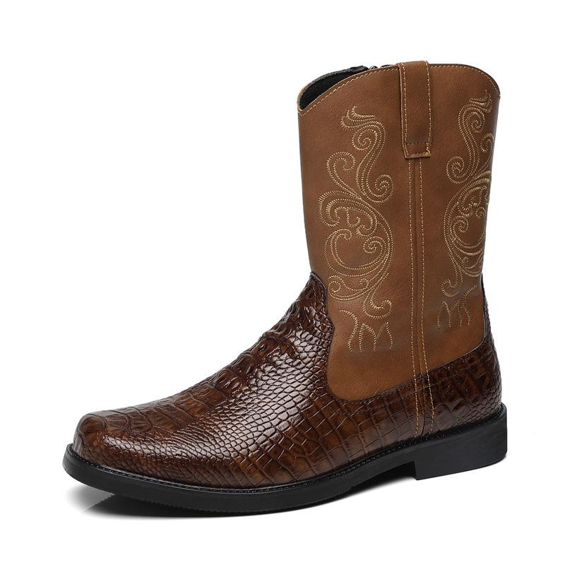 Fashion Men's Wide Width Tall Cowboy Boots Fall 2025 PU Leather High Shaft Western Embroidered Workwear Vintage Riding Boots for Outdoor