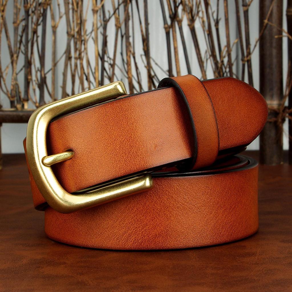 Men's Genuine Leather Belt with Solid Brass Buckle - European Retro Style, Durable Cowhide Waistband