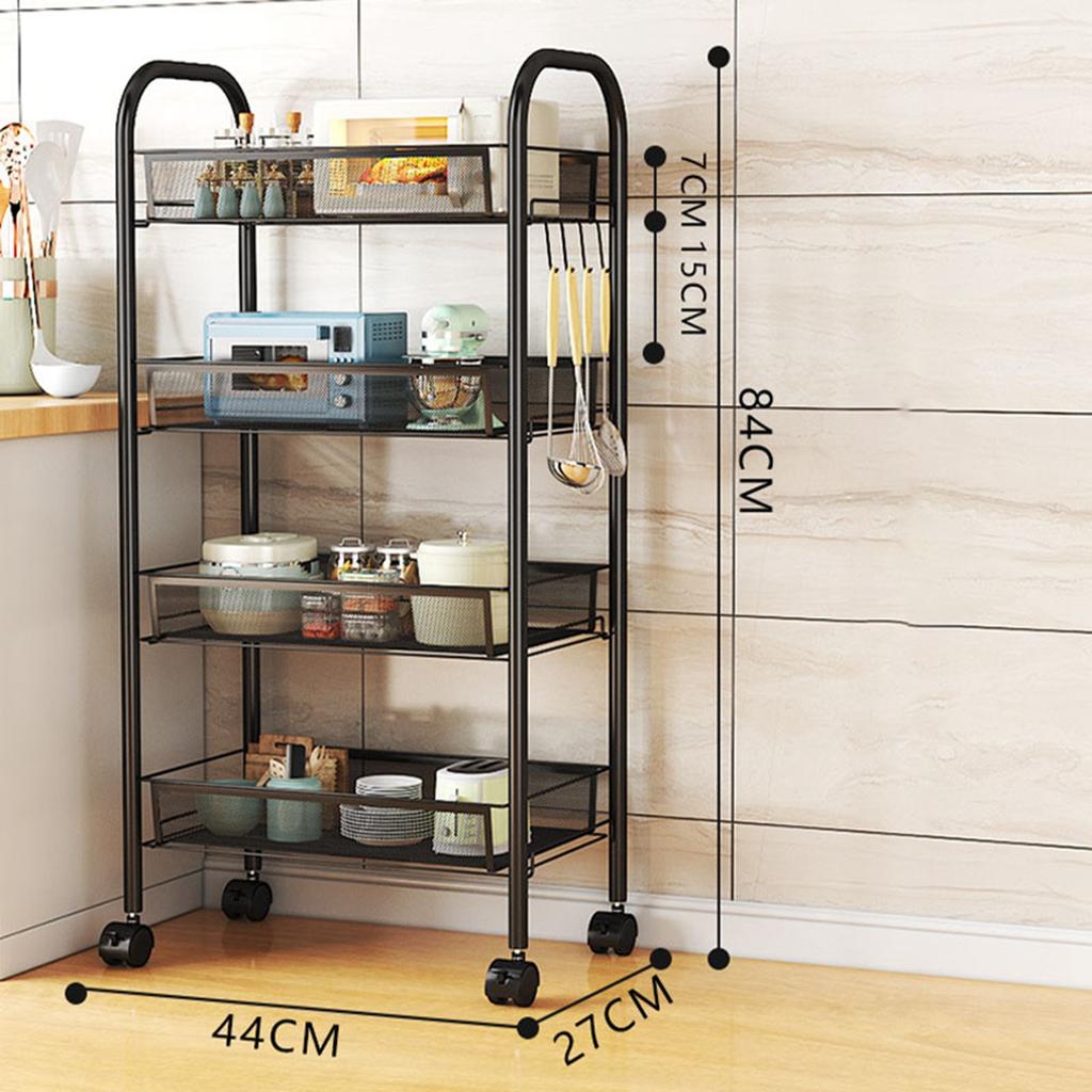 Rolling Storage Cart Layered Storage Shelves Multi Functional Movable Snack Vegetable Baskets Kitchen Shelves Black