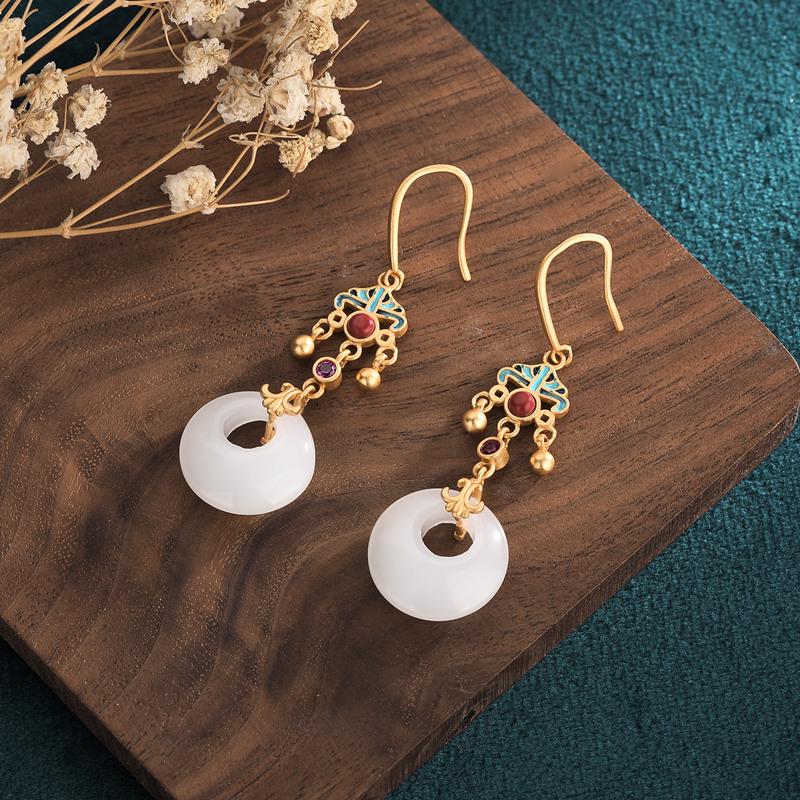 Guochao Palace-Style Retro Enamel Cloisonné Earrings with Jade Accents