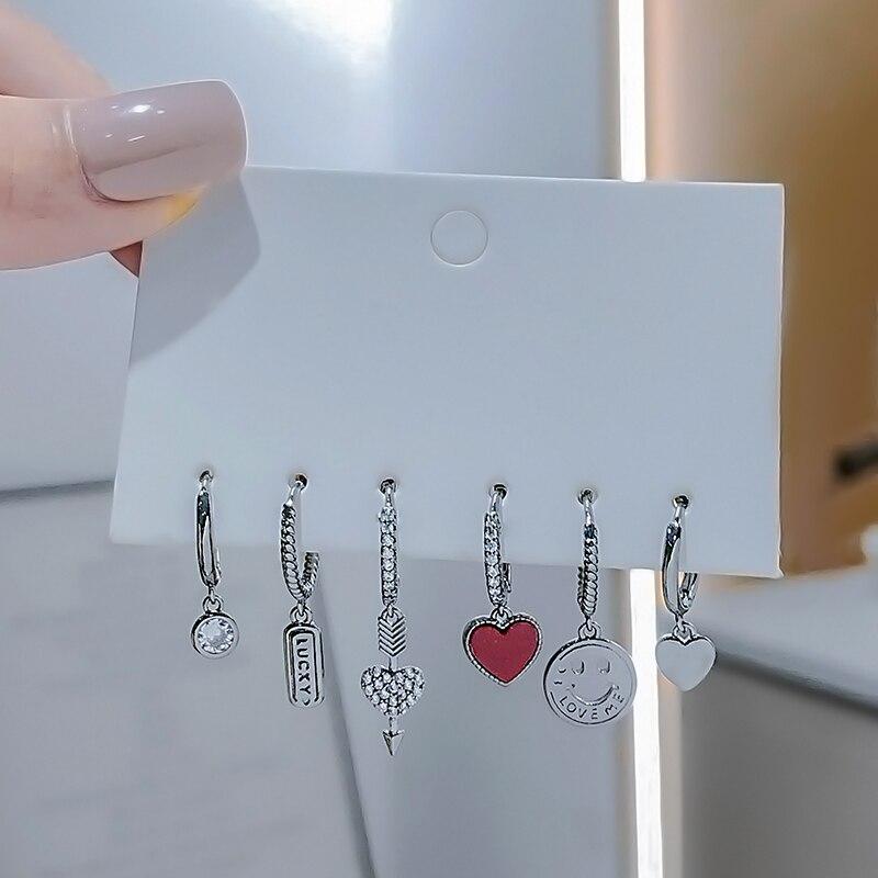925 Sterling Silver 6-piece Earring Female Set Smiley Heart Lucky Hoop Earrings Personal Party Jewelry Gift