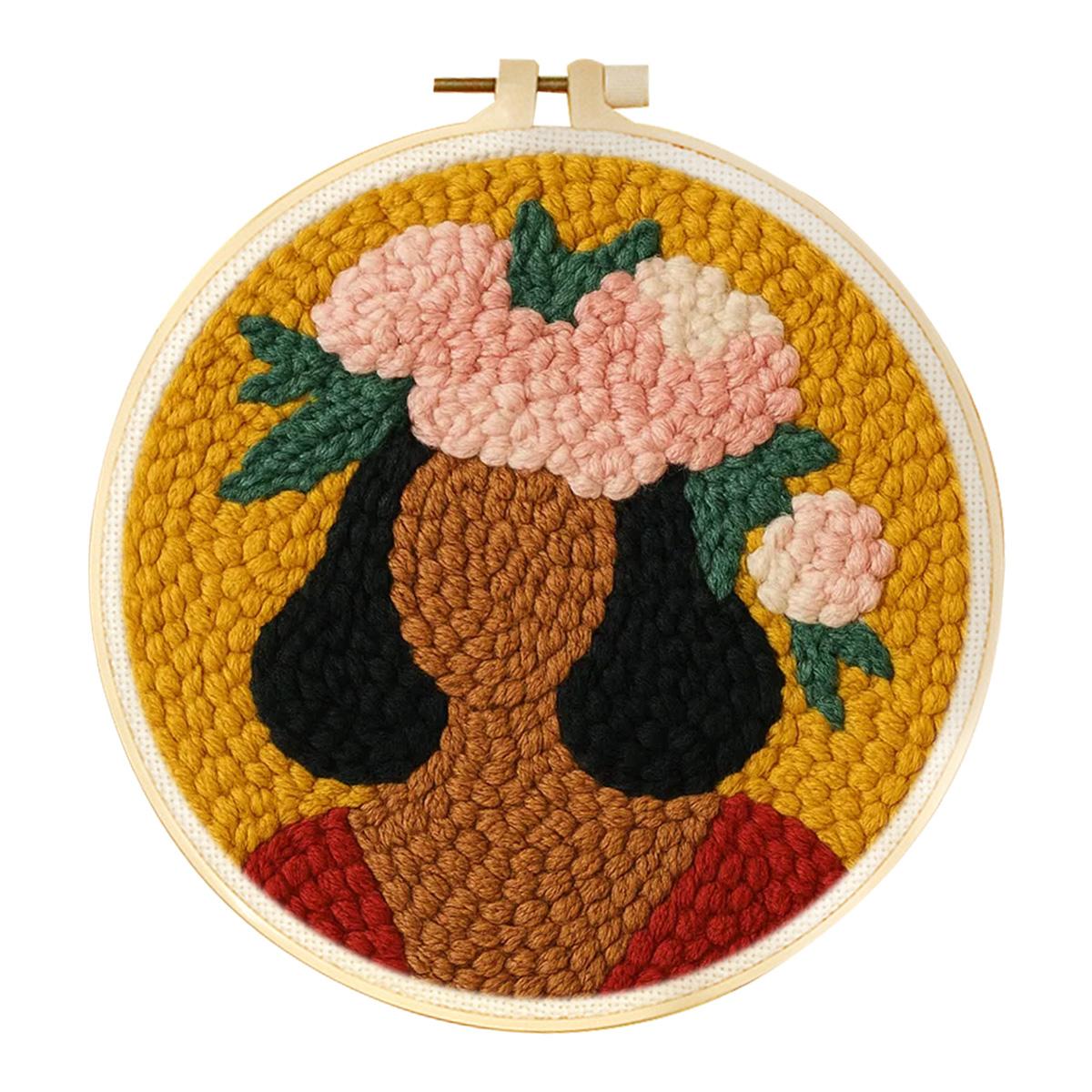 

CHENISTORY Punch Needle Kit Floral Girl Punch Needle Embroidery Frame Starter Set Needlework Cross Stitch Kits for Adults 20x20c 20*20cm