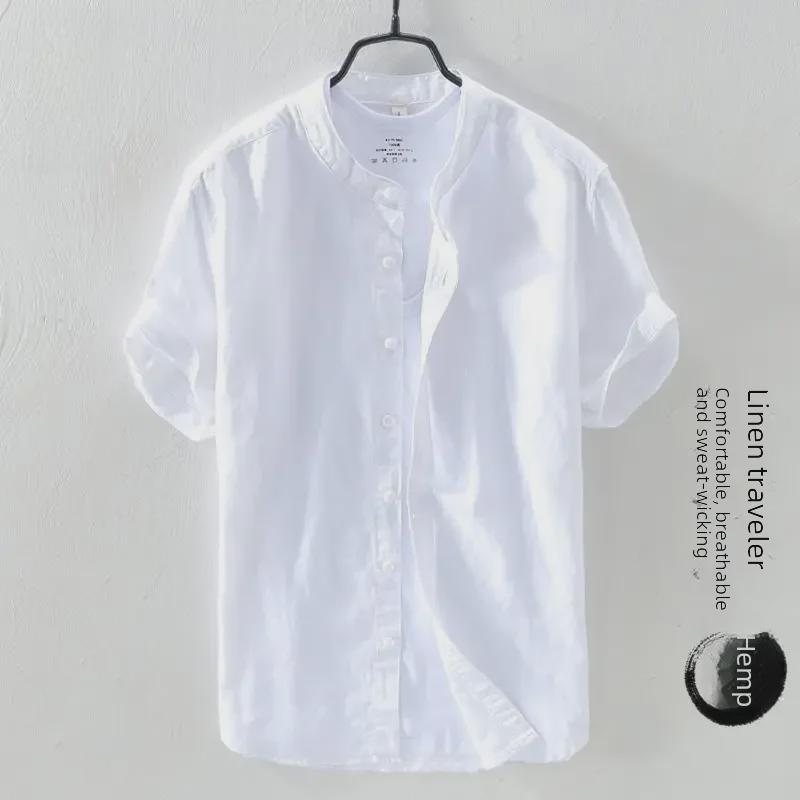 Men's Short-Sleeve Chinese-Style Linen Cotton Shirt - Casual Loose Fit