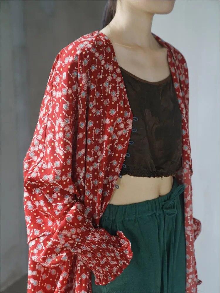 Johnature Kadın Baskı Çiçek Kırmızı Yarasa Kollu Elbise Vintage Pamuk Uzun Elbiseler Sonbahar Düğme Gevşek Kadın Uzun Elbiseler