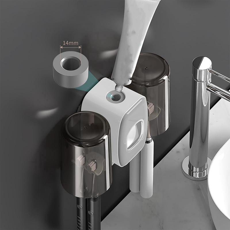 Wall Mounted Toothbrush Holder With Automatic Toothpaste Dispenser 4 Slots 2 Cups - No Drillin