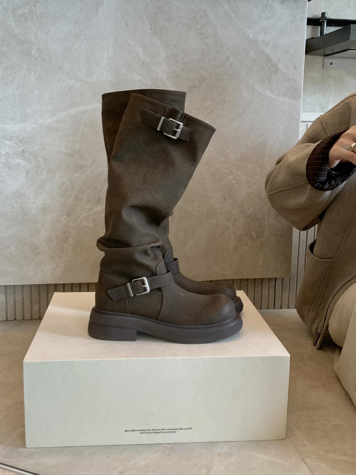 

Cowhide~ grape ma height increased by 6cm two kinds of tube height round head thick heel long boots women s double buckle belt medium tube boots 40