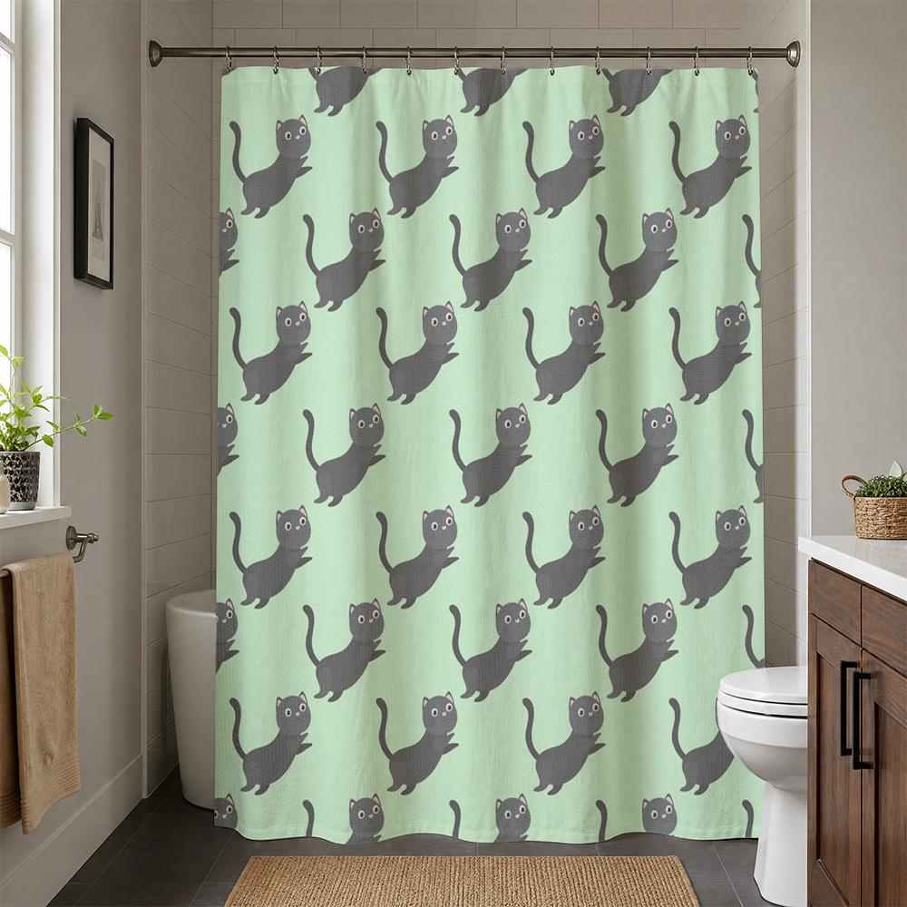 Waterproof Cute Cat Print Shower Curtain Bathroom Decor Mint Green Novelty Animal Pattern Curtain for Kids Adults Bath Accessori