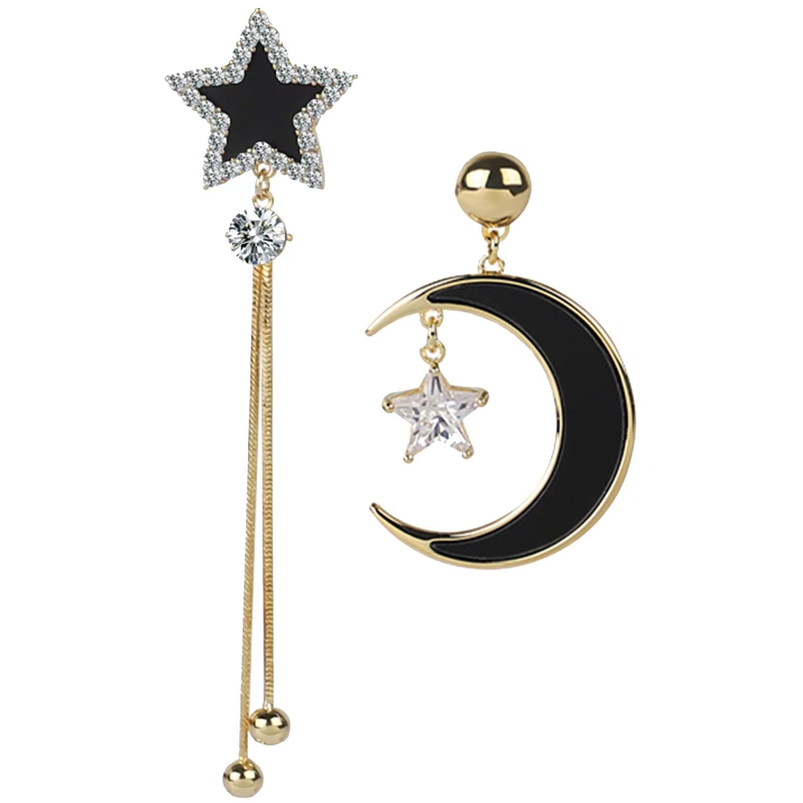 

Blue Crystal Star Moon Asymmetrical Zirconia Planet Sun and Moon Long Tassel Dangle Earrings Gold and Silver Earrings 14K Gold Blue White Zircon