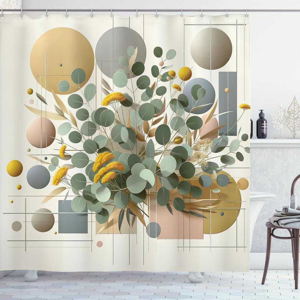 Eucalyptus Leaves Shower Curtain, Blooming Botanical Design With Squares And Circles On Pastel Tones, Cloth Fabric Bat