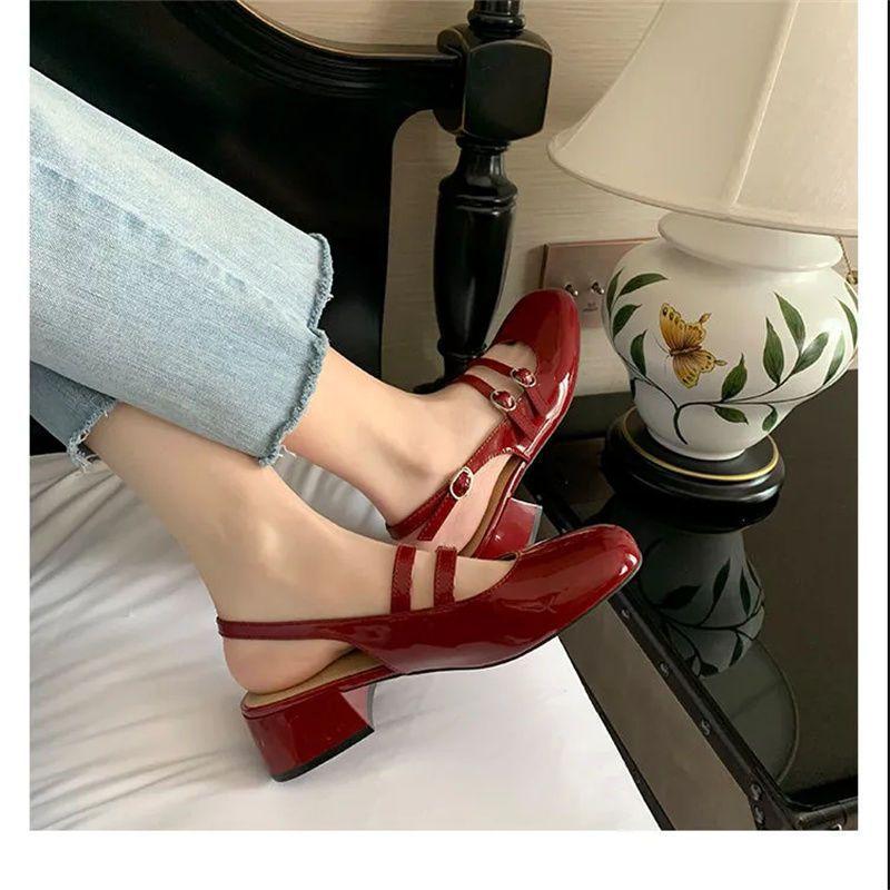 French Bag Head Sandals Women's Summer 2025 New Square Head Thick Heel Empty Single Shoes Retro Double Breasted Mary Jane Sandals