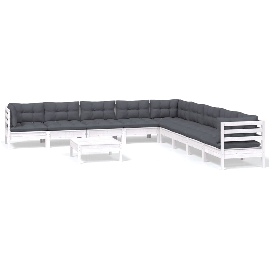 10 Piece Garden Lounge Set with Cushions White Solid Pine Wood