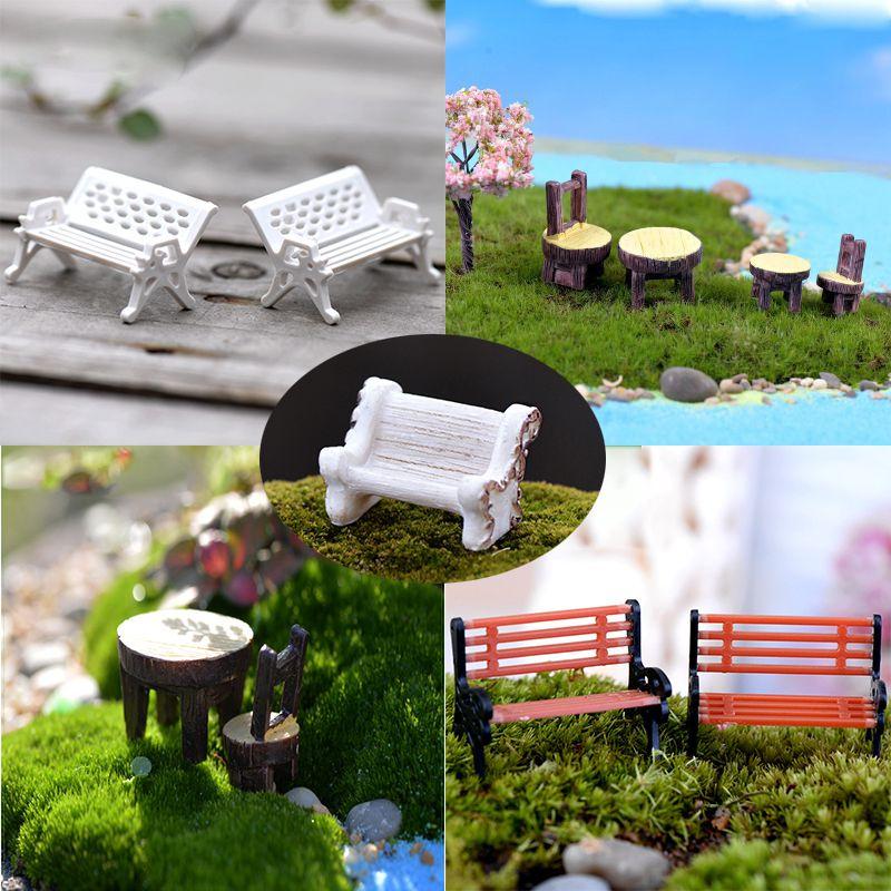 Miniature Garden Bench Set Durable Resin White Chair And Brown Table Micro Landscape Decor