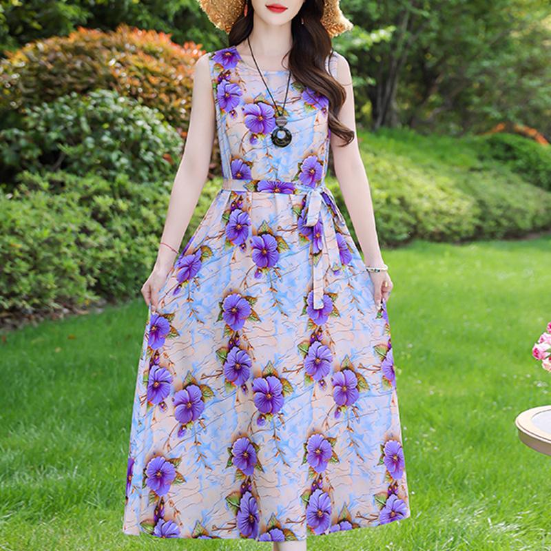 Casual Summer Dresses for Women Vintage Clothes Loose Sleeveless Plus Size Elegant Long Dress With Belt