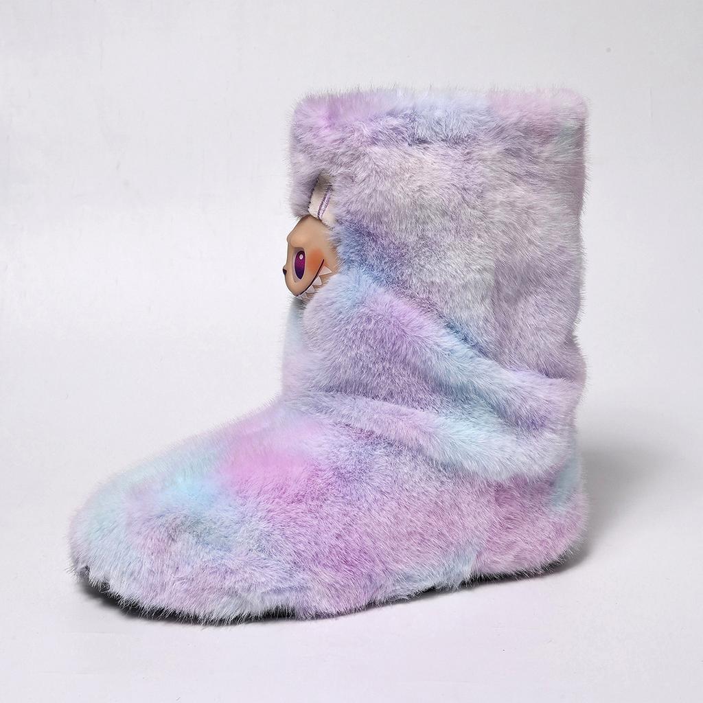Women's Plush Boots Furry Fur Winter Ankle Boots With Faux Fur Lined for Women Warm Fluffy Mid-Calf Snow Boot Indoor Outdoot Booties House Shoes