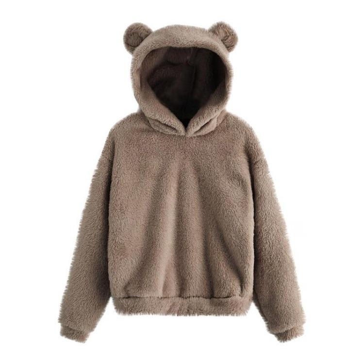 Cozy Women Teddy Bear Ear Hoodie Warm Fleece Plush Sweatshirt Long Sleeve Hooded Pullover