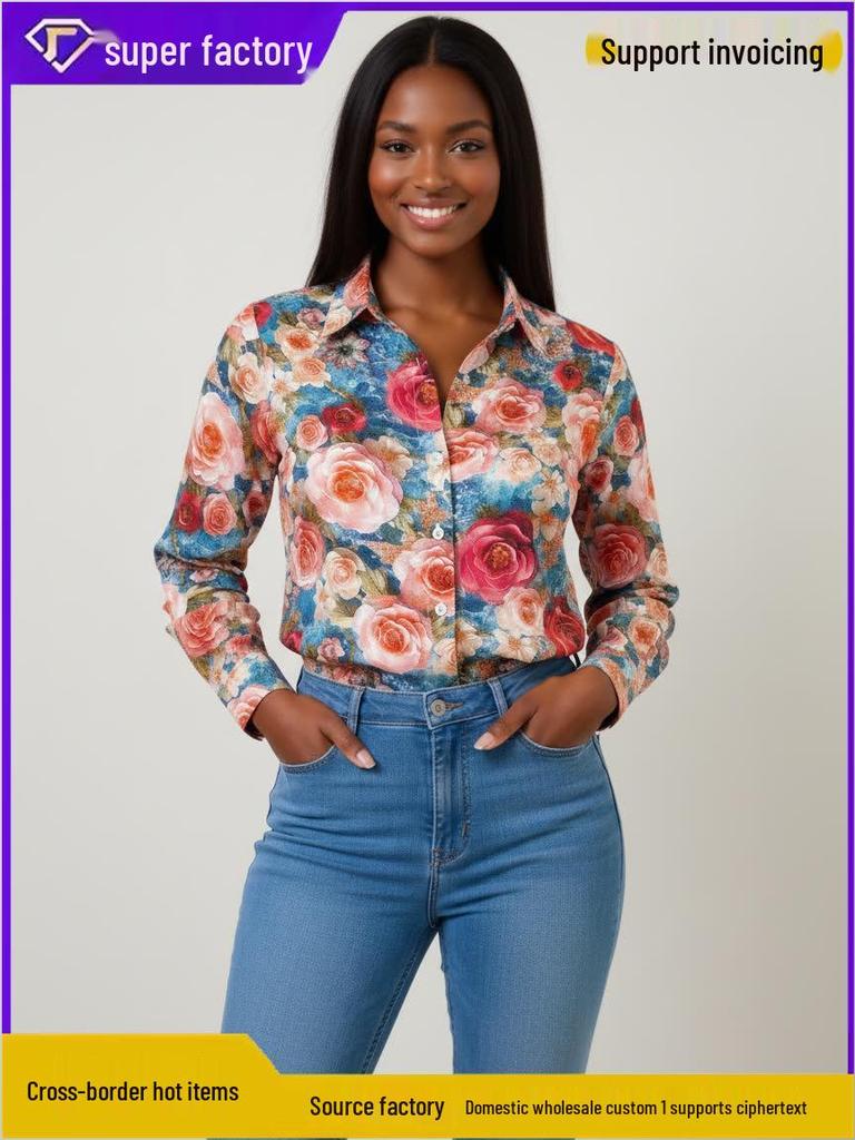 2026 Retro Floral 90s Hong Kong Style Women's Red Long Sleeve Shirt