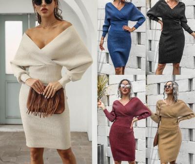 2023 Women's Off-Shoulder Batwing Sleeve Backless Knitted Top & Bodycon Wool Dress Set