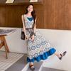 Blue Relaxation Holiday Style Suspender Dress Women's Summer New Stacked Hollow Blouse Skirt Two-piece Set