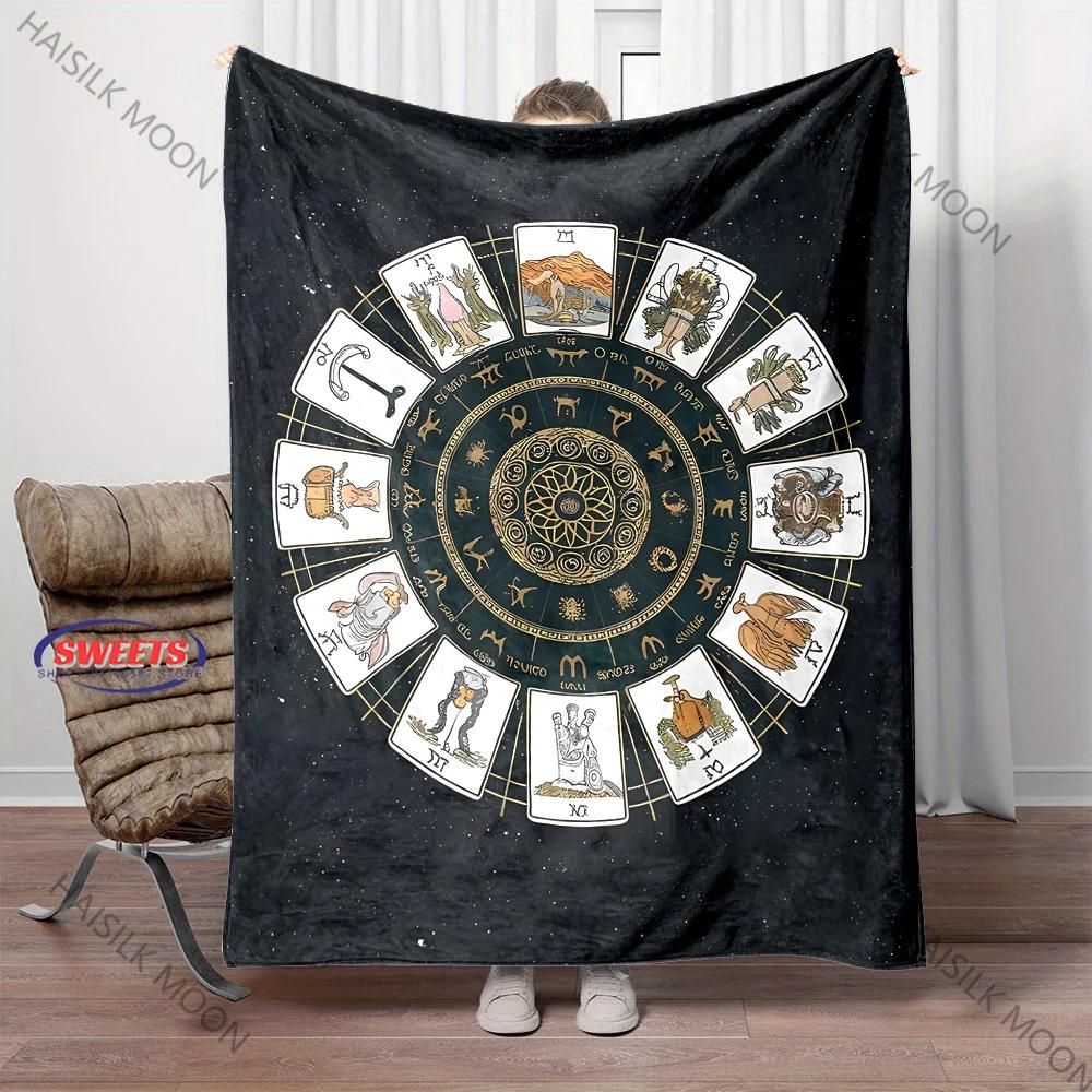12 Zodiac Card Printed Blanket - Super Soft Bedding Divination Tarot Pattern Lightweight Home Four Season Throw & Shawl Blanket