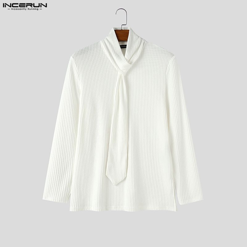 INCERUN Men Long Sleeve with Tie Detail Slim Fit Casual Knit Ribbed Tops Pullovers
