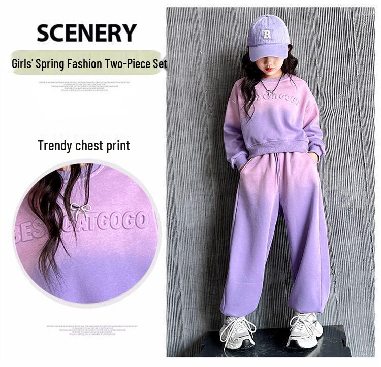 Lila Farbverlauf Hoodie und Jogginghose Set für Mädchen - Stylischer Frühjahrs-/Herbst-Freizeitanzug 2026
