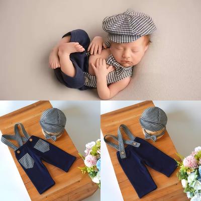 Newborn Photography Outfit: Beret, Bow Tie, Dungarees for Baby Photo Sessions