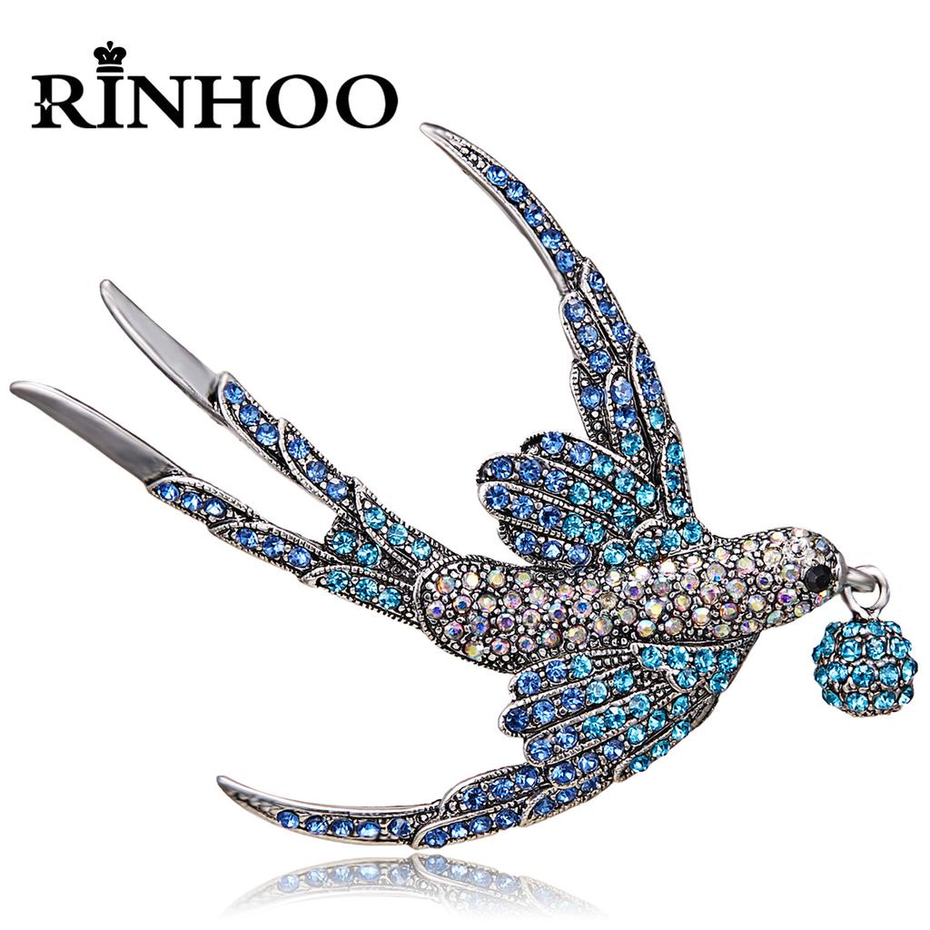 Rinhoo Full Rhinestone Flying Birds Brooch for Women Vivid Bird Dangling Round Beads Animal Lapel Pins Hummingbird Badge Corsage