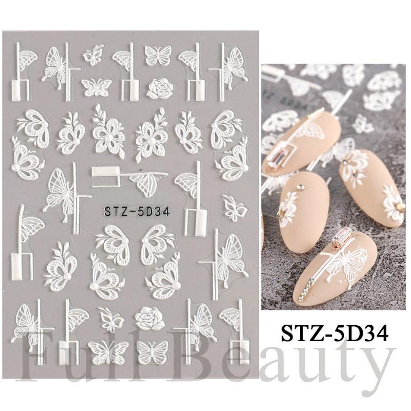 1 Sheet 5D Simple Flowers Nail Embossed Stickers Elegrant Wedding Design Adhesive Sliders Summer Textured Engraved Nail Decoration
