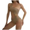 One Shoulder Cut Out One Piece Swimsuit Textured Fabric Monokini with Decorative Ring Detail Beachwear for Women
