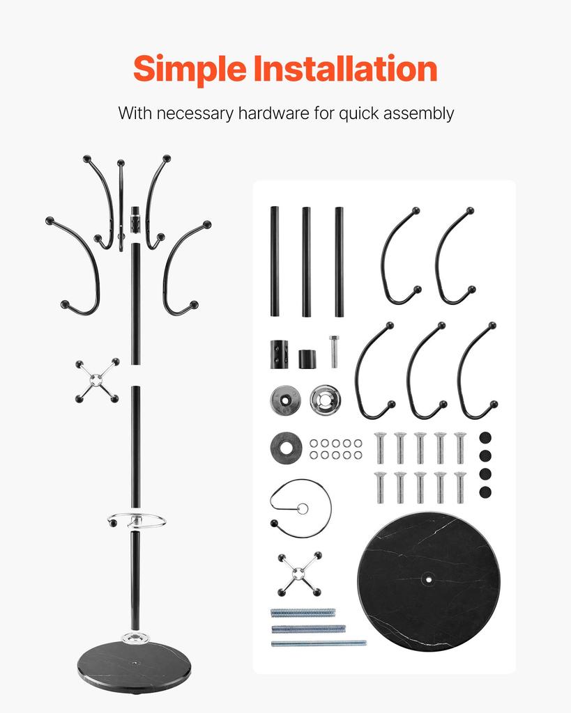 VEVOR Freestanding Coat Rack, Metal Coats Rack Stand with Umbrella Holder, Stable Marble Base & 14 Hooks, Hall Coat Tree for Entryway, Bedroom