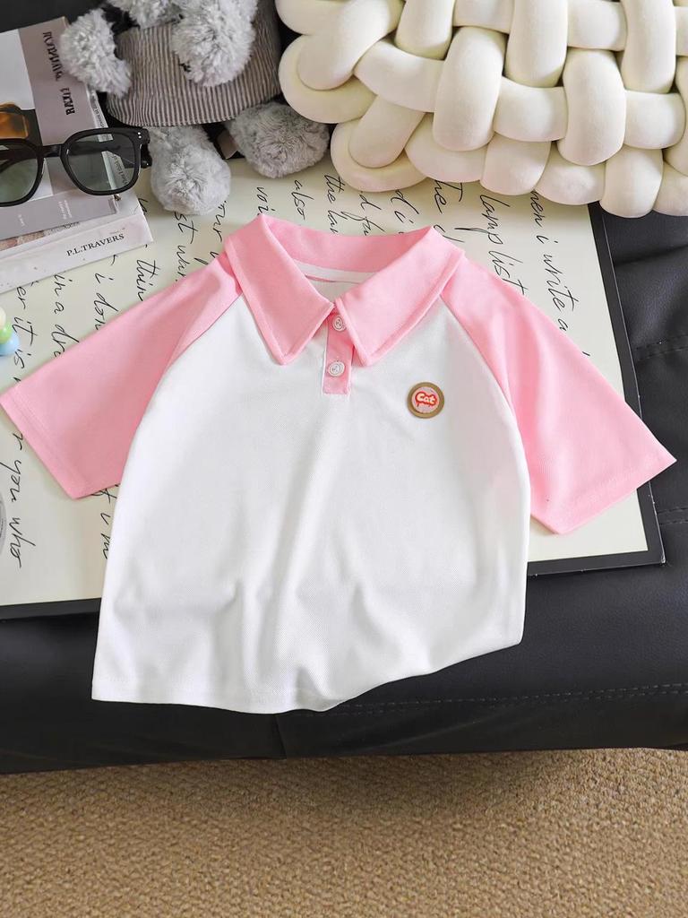 Children's Two-Tone Polo Collar Short Sleeve Sporty Summer Top