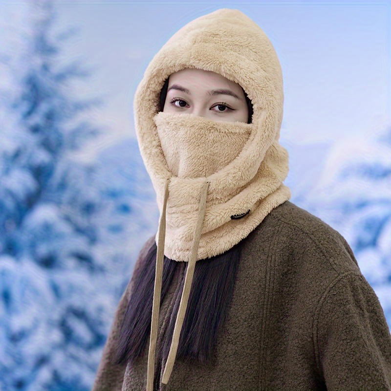 Women Winter Hood Hats Outdoor Cycling Windproof Cap Thermal Unisex Cold Proof Soft Plush with Face Mask Drawstring Warm Hat Drawstring Ski Mask Hat