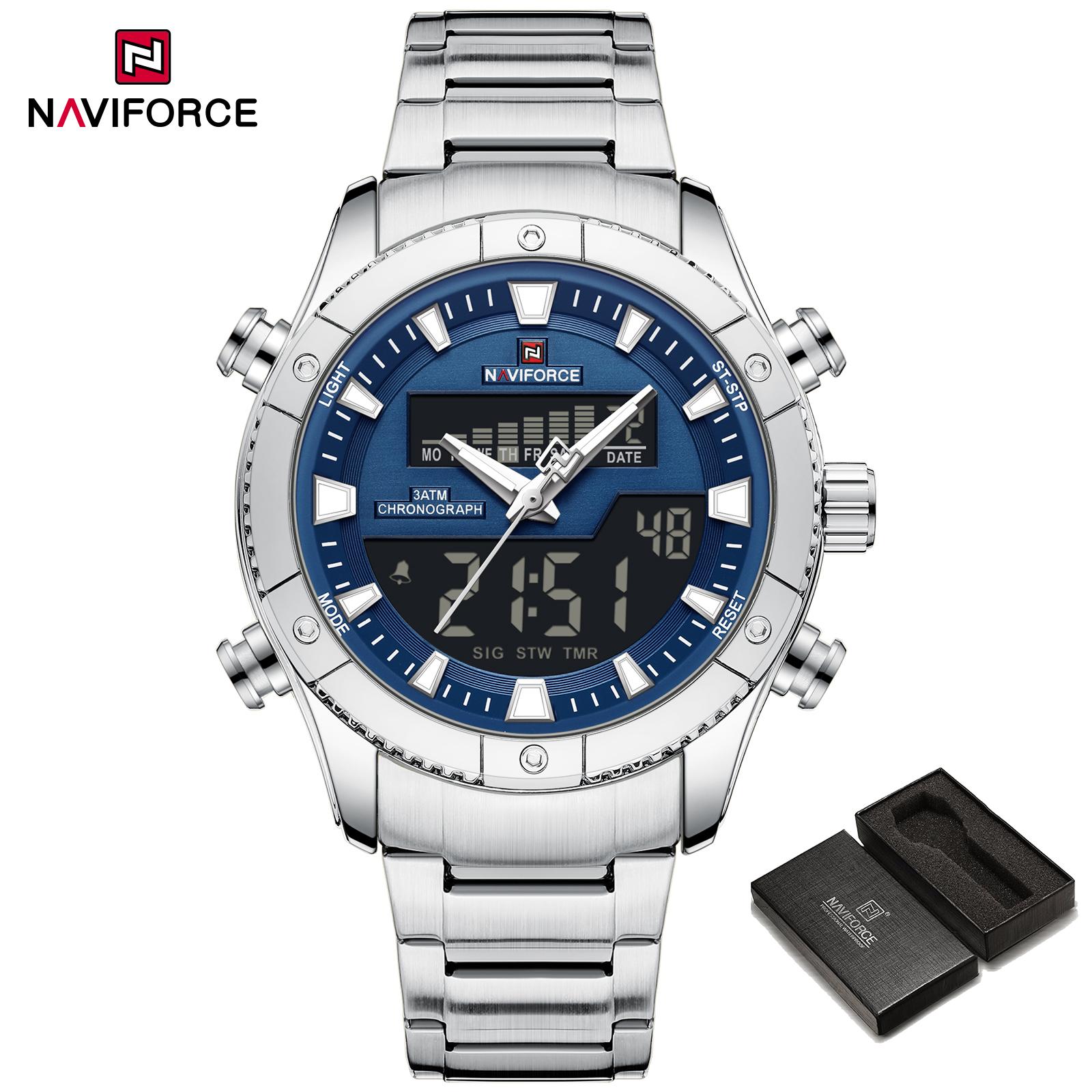 

NAVIFORCE Men Dual Time Watch LCD Digital Display Quartz Luminous Pointer Calendar Waterproof Multifunctional Men Watch Gift NF9259 синий/серебряный