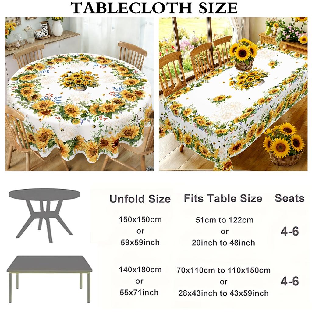 Sunflower Tablecloth Bee Floral Pattern Polyester Table Cover for Farmhouse Wedding Table Decor Spring Summer Party Supplies