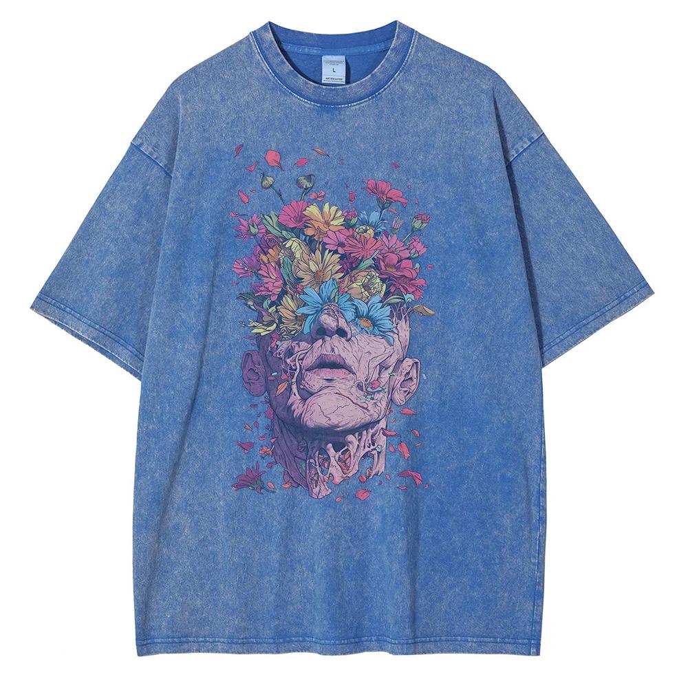 T-shirt with a Pattern of Flowers Sprouting from Human Eyes and Head, Vintage Van Gogh Style Men's Top