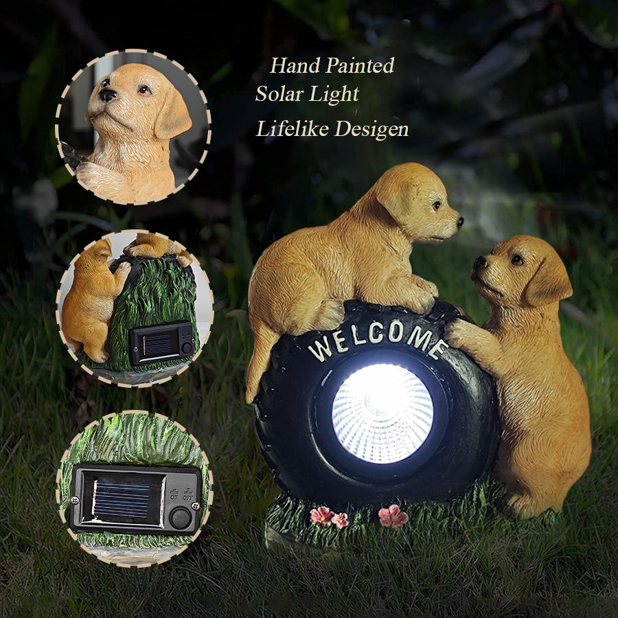 Solarna figurka psa Witamy z diodami LED, słodka figurka szczeniaka do zabawy, ogrodowa żywiczna figurka psa, patio i trawnik, wyjątkowe prezenty