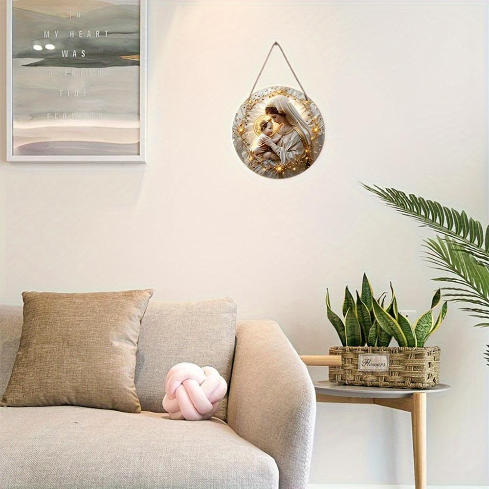 Virgin Mary & Jesus Wooden Sign, Round Front Door Decor, Golden Halo Religious Wall Hanging - Ideal for Christian Home & Church Decor