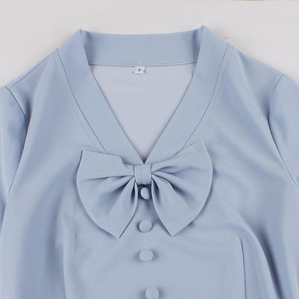 Damen Retro Swingkleider Kurzarm V-Ausschnitt Schleife Knopfleiste Gürtel Hepburn-Stil Kleid Hohe Taille Freizeitkleidung