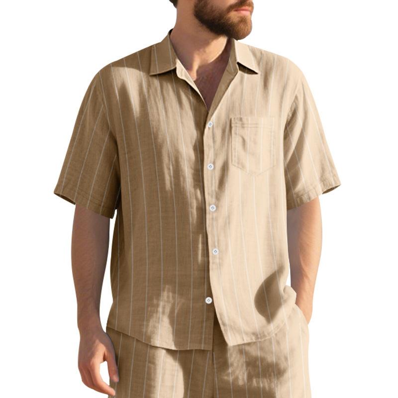Linen Jacquard Shirt with Vertical Stripes Men's Collared Button-Down Loose-Fitting, Breathable Casual Short-Sleeved Shirt