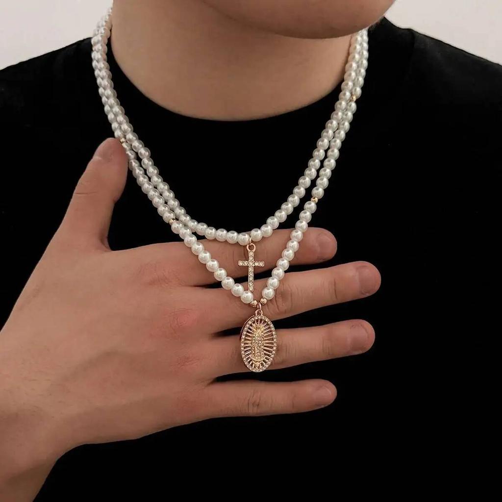 SHIXIN 2 Pcs/Set Hip Hop Jesus Cross Pendants Necklace Men Trendy Charm Imitation Pearls Chain Adjustable Chokers Street Jewelry