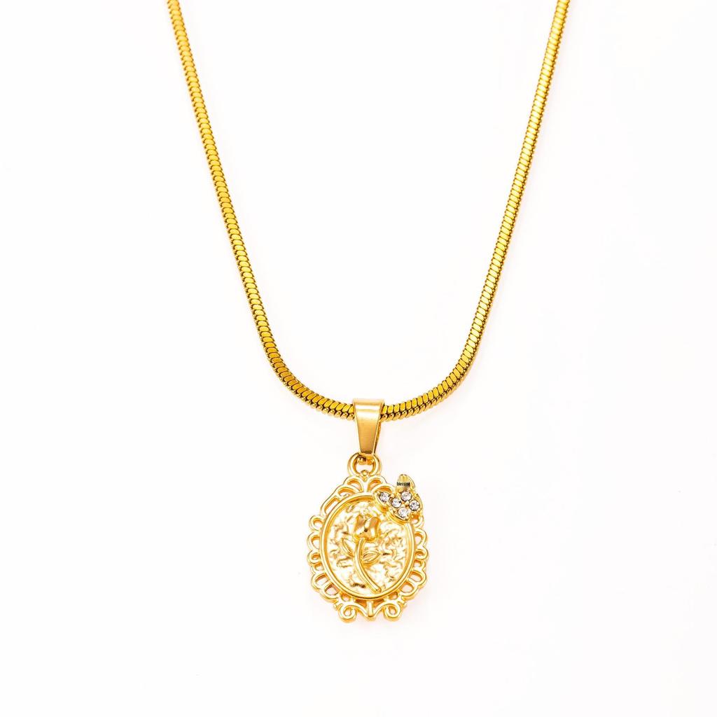 Women's Multi-layer Stainless Steel Clavicle Necklace with Oval Flower Pendant